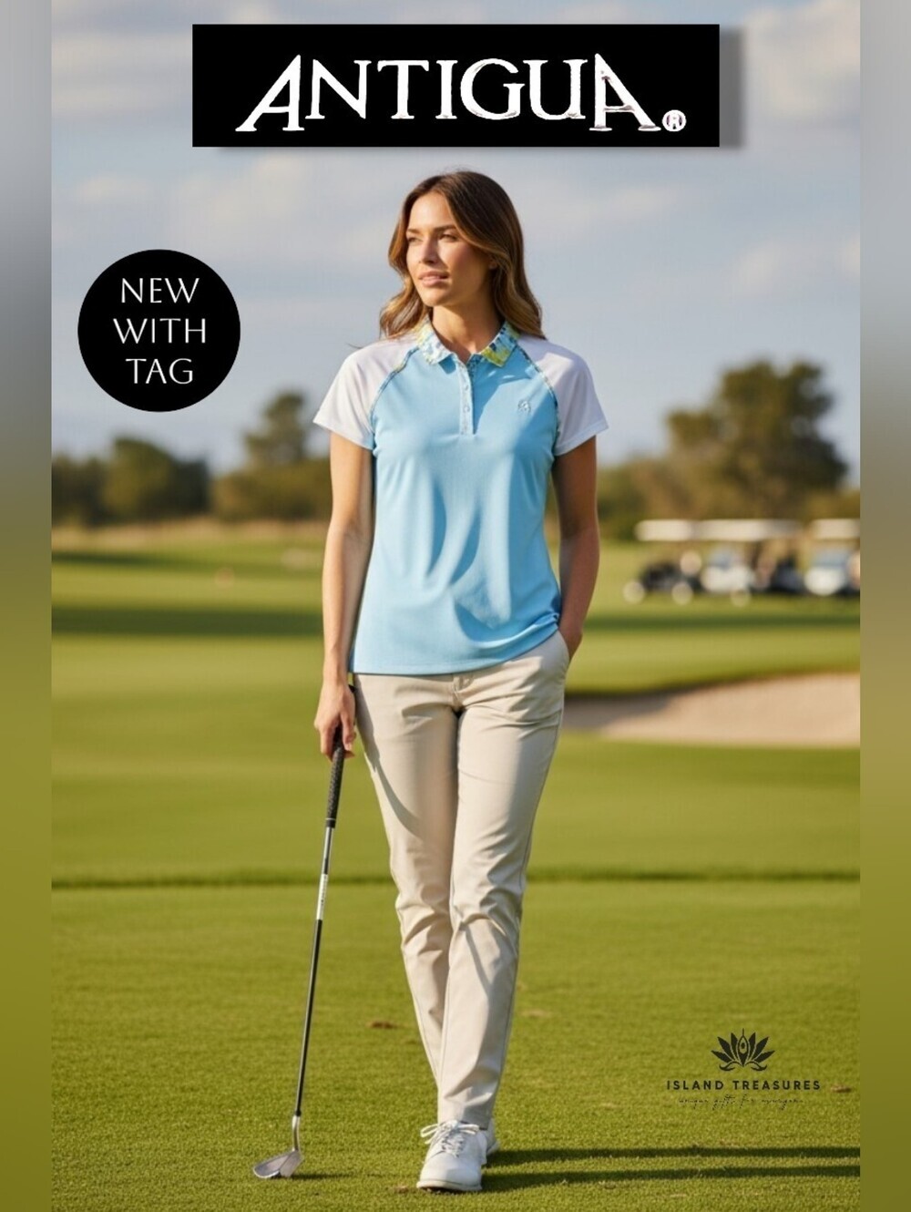 NWT Antigua Futura Size S Sky Blue/White Xtra-Lite Golf Polo Shirt Desert Dry™